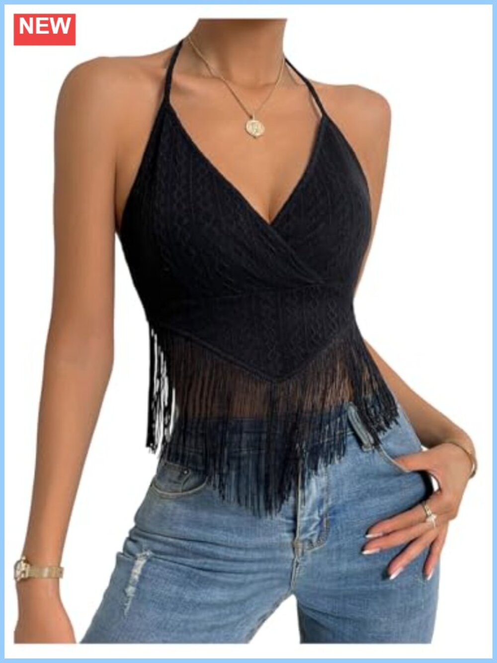 Fringe Halter Crop Top Western Cowgirl V Neck Polyester Blend